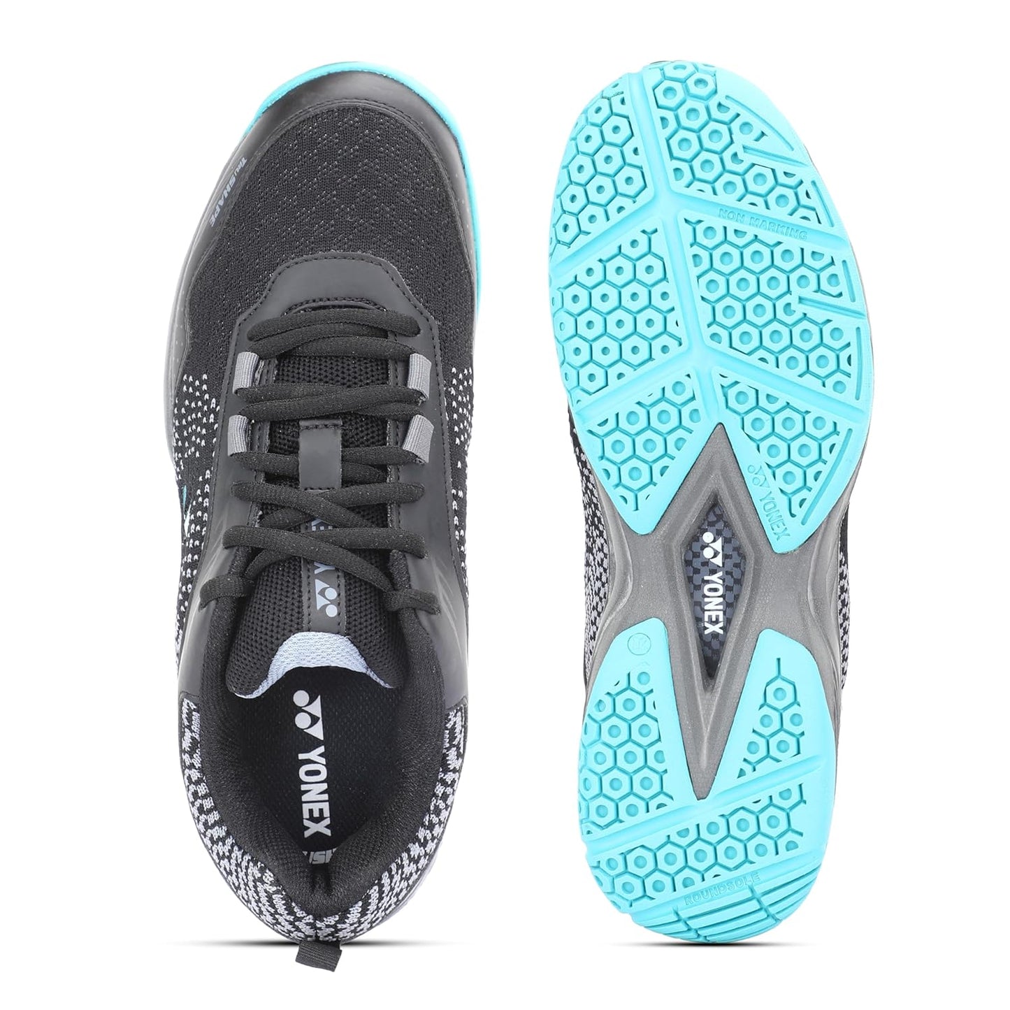 YONEX Unisex V100-i Badminton Shoes | Non-Marking Sole | TRU Cushion | Color Black/Vivid Sky | Size 8