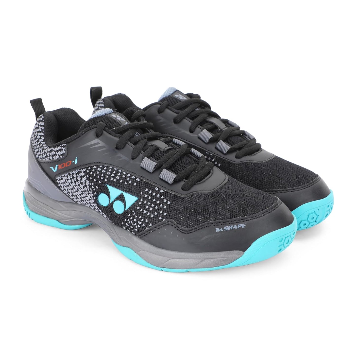 YONEX Unisex V100-i Badminton Shoes | Non-Marking Sole | TRU Cushion | Color Black/Vivid Sky | Size 8