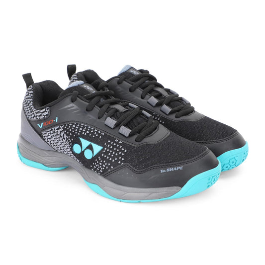 YONEX Unisex V100-i Badminton Shoes | Non-Marking Sole | TRU Cushion | Color Black/Vivid Sky | Size 8