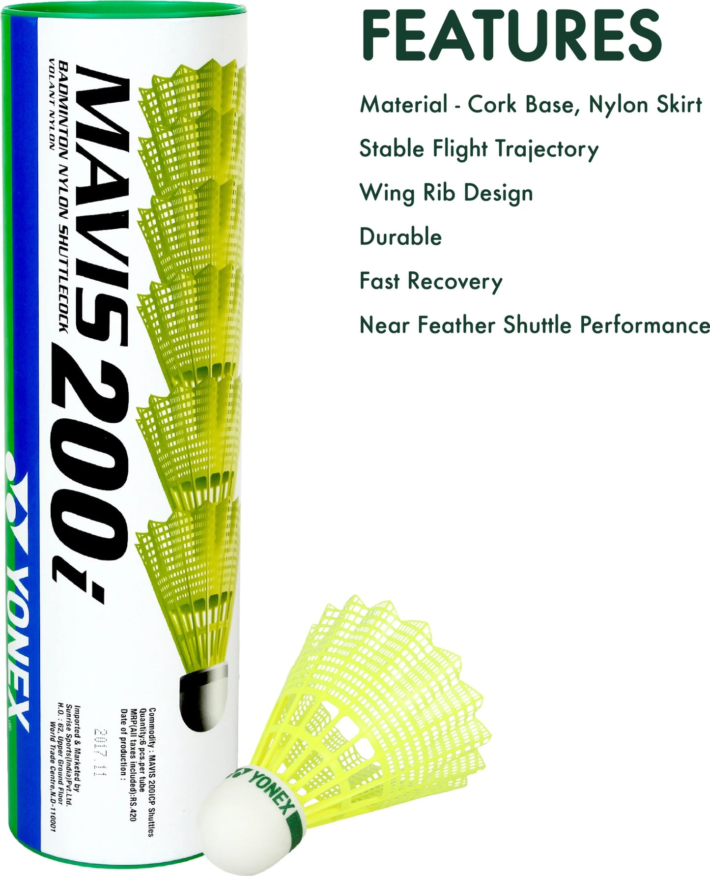 Yonex Mavis 200i Green Yellow Nylon Badminton Shuttlecock